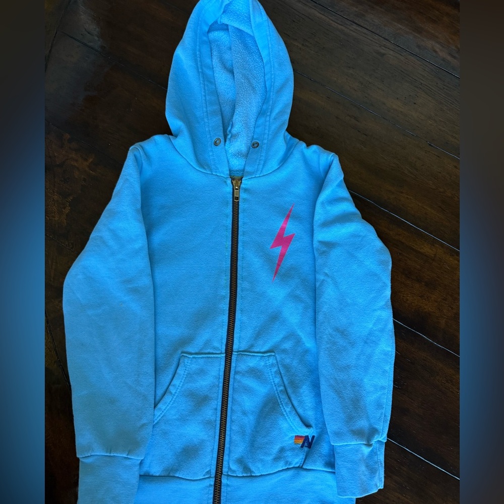 Aviator Nation Hoodie blue with pink bolt full zip size 6